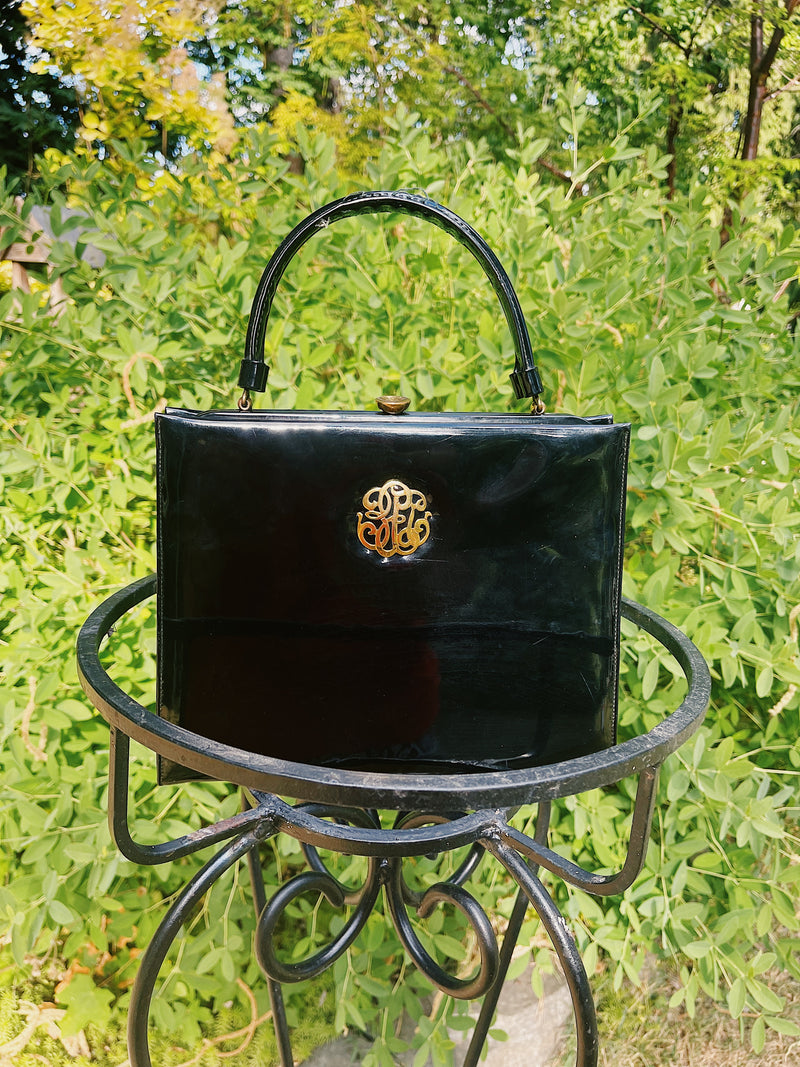 black patent leather box purse with gold hardware 1950's vintage 