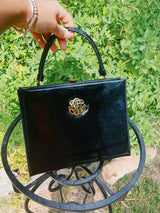 black patent leather box purse with gold hardware 1950's vintage 