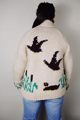 vintage 1960's long sleeve off white cream wool zip up cowichan cardigan sweater with ducks embroidered pattern
