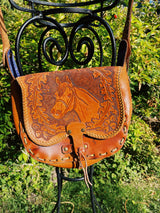 brown leather tooled crossbody purse with horse design vintage 