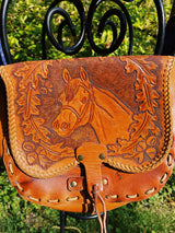 brown leather tooled crossbody purse with horse design vintage 