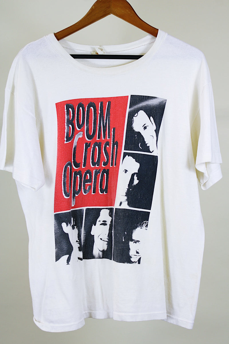 Women's or men's vintage 1980's Quality Garments by Richee, Made in Australia label short sleeve white cotton t-shirt with Boom Crash Opera band graphic in black and red on the front.