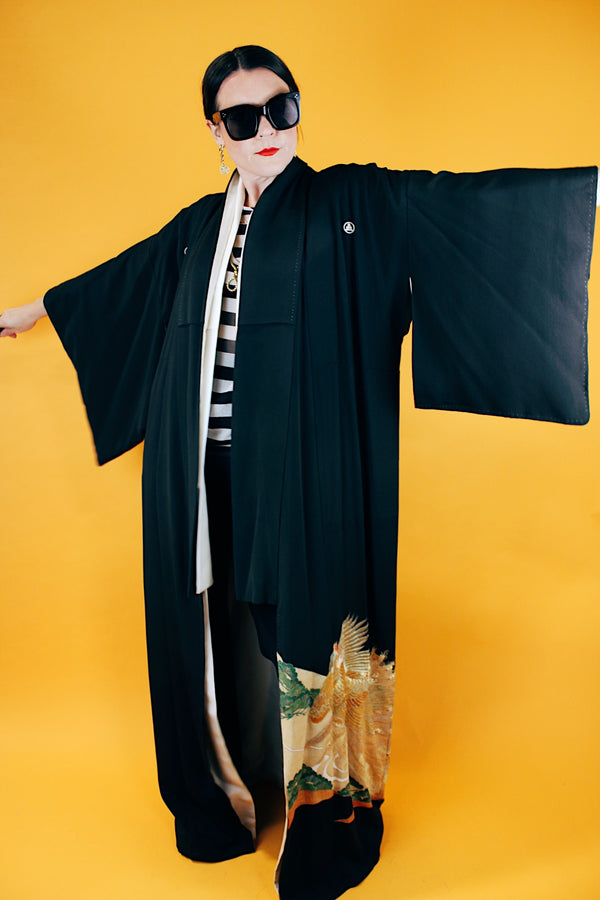 black floor length kimono with embroidered peacock vintage 