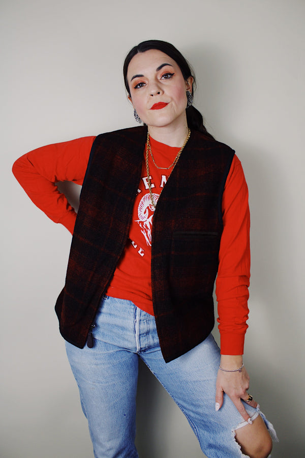 vintage 1990's Cabinwear Made by Banana Republic label sleeveless black and red buffalo plaid print zip up vest in a wool blend material