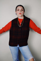 vintage 1990's Cabinwear Made by Banana Republic label sleeveless black and red buffalo plaid print zip up vest in a wool blend material