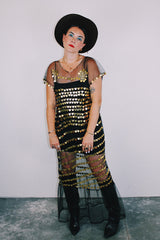 black sheer mesh short sleeve slip dress with gold metallic sequins all over vintage women's 
