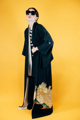 black floor length kimono with embroidered peacock vintage 