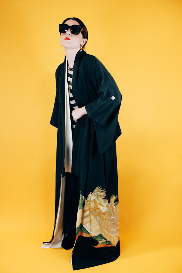 black floor length kimono with embroidered peacock vintage 