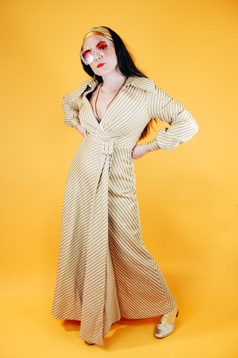 floor length long sleeve cream and gold metallic striped dress with v neck and collar vintage 1960's