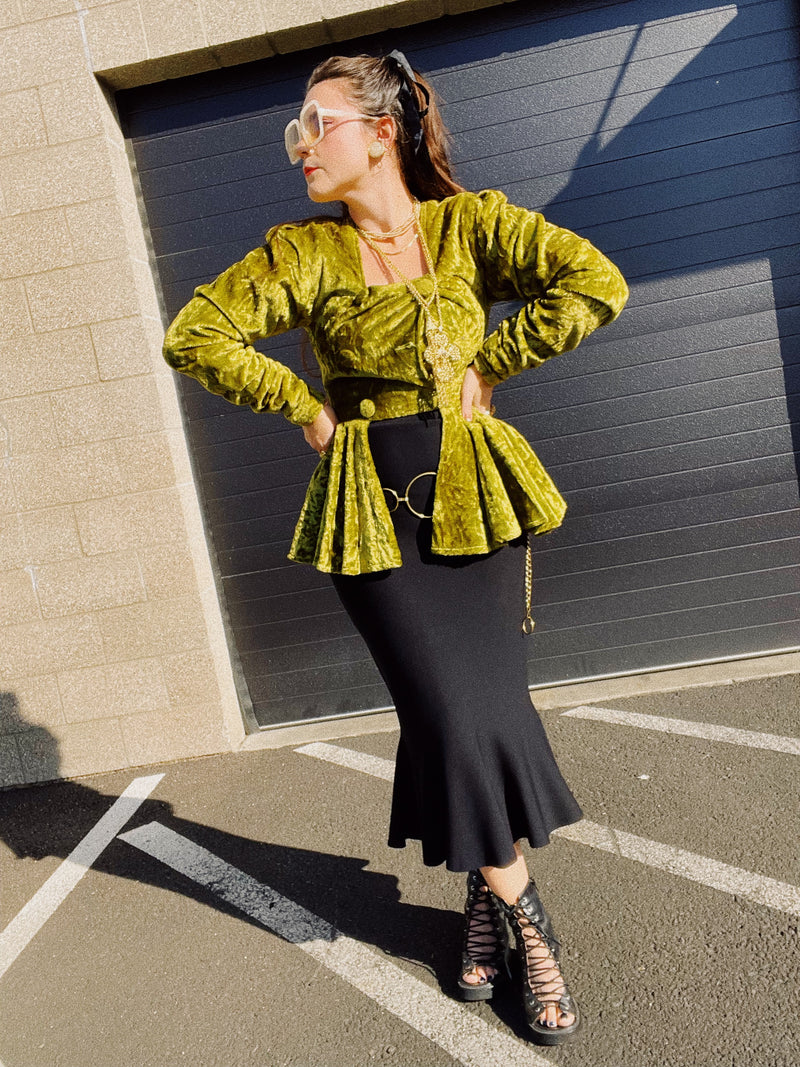 long sleeve crushed green velvet double breasted top with long peplum hem women's vintage 