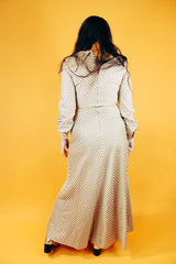 floor length long sleeve cream and gold metallic striped dress with v neck and collar vintage 1960's