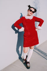red crushed velvet dress with white ruffle trim long sleeve knee length vintage 1970's
