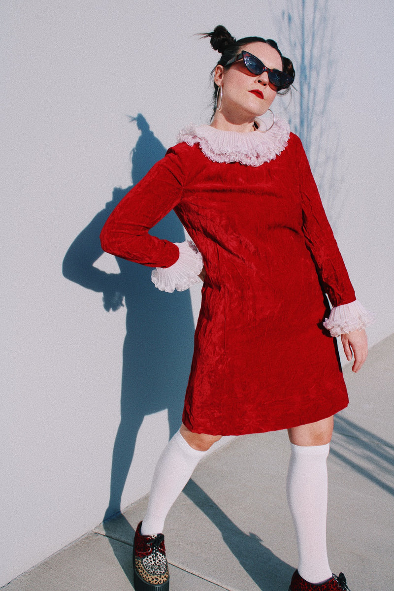 red crushed velvet dress with white ruffle trim long sleeve knee length vintage 1970's