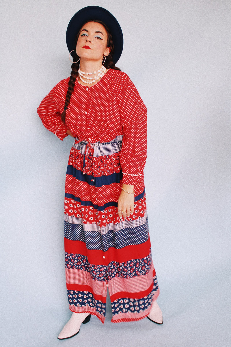long sleeve red white and navy printed maxi dress with tie belt vintage 1970's