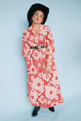 long sleeve printed maxi dress polyester duster in red and white vintage 1970's