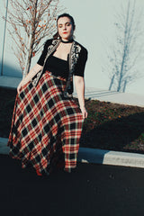 Women's vintage 1980's Malbe label maxi length high waisted plaid print skirt in a black, white, red, and gold metallic plaid print