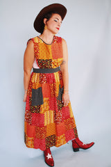 yellow  red brown and black printed sleeveless ankle length apron pinafore dress vintage 1970's