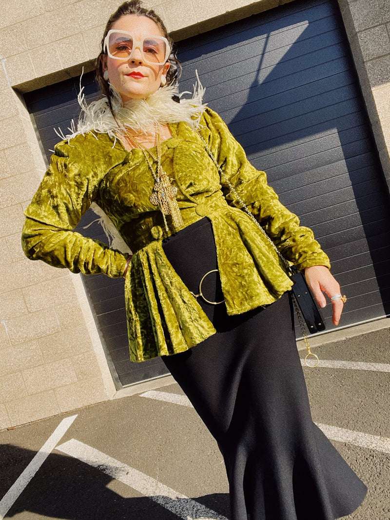 long sleeve crushed green velvet double breasted top with long peplum hem women's vintage 