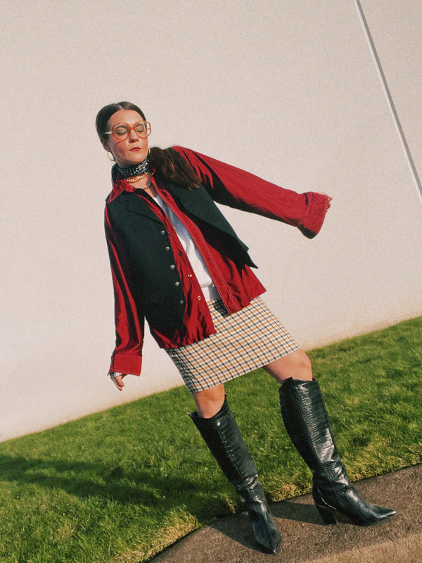 Men's vintage 1970's JCPenney Towncraft label long sleeve button up shirt with a pointy collar in maroon colored lightweight polyester material with white contrast stitching and a left chest pocket.