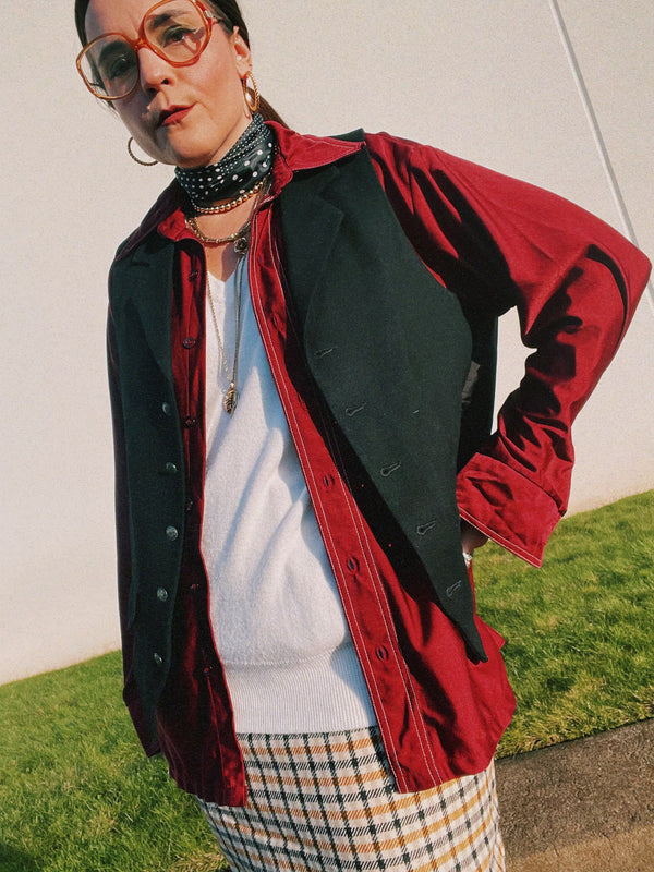 Men's vintage 1970's JCPenney Towncraft label long sleeve button up shirt with a pointy collar in maroon colored lightweight polyester material with white contrast stitching and a left chest pocket.