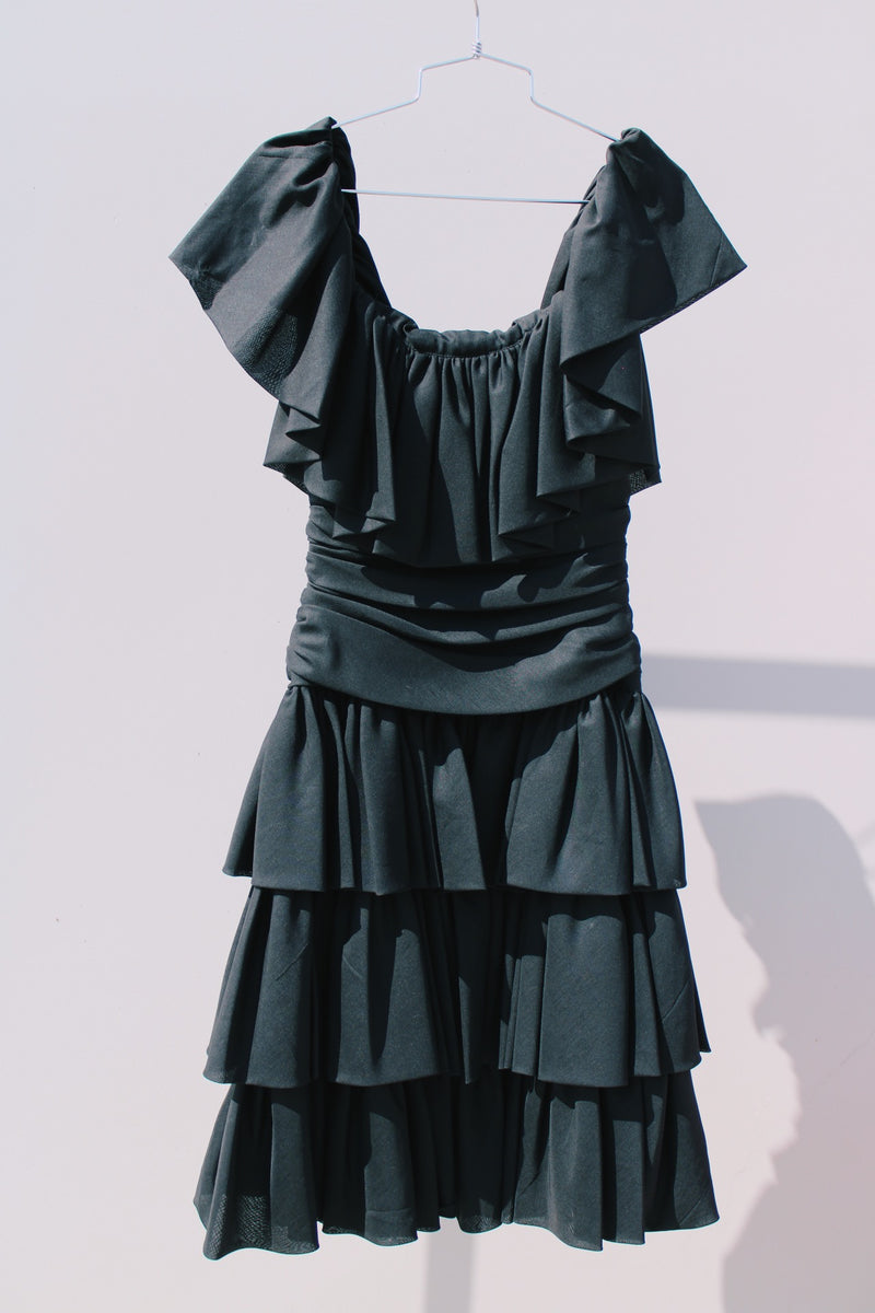 midi length black off the shoulder tiered dress vintage 1980's