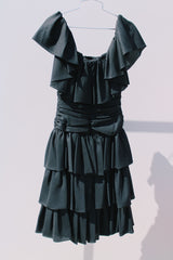 midi length black off the shoulder tiered dress vintage 1980's