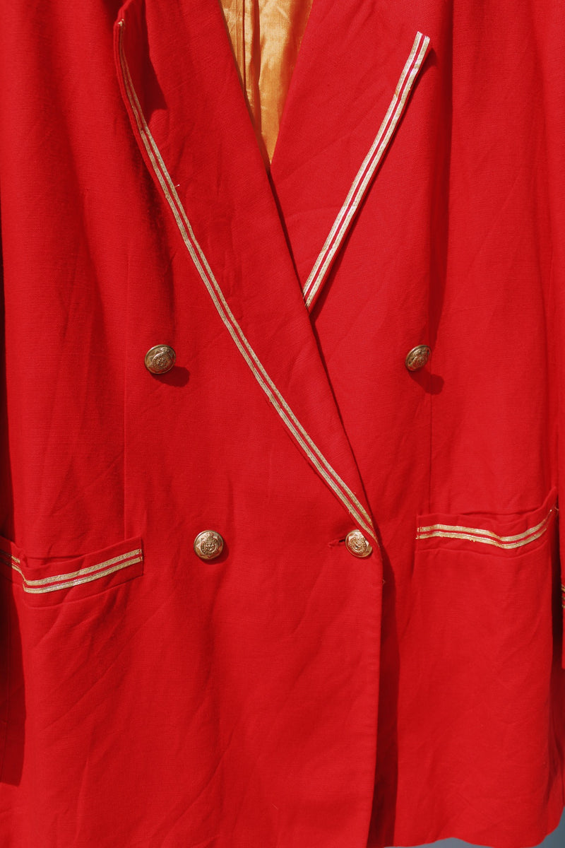 red linen blazer with gold metallic trim double breasted closure vintage men's 1980's