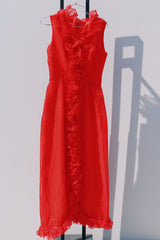 sleeveless ankle length red dress with ruffle trim vintage 1970's