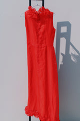 sleeveless ankle length red dress with ruffle trim vintage 1970's