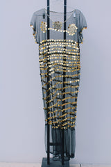 black sheer mesh short sleeve slip dress with gold metallic sequins all over vintage women's 