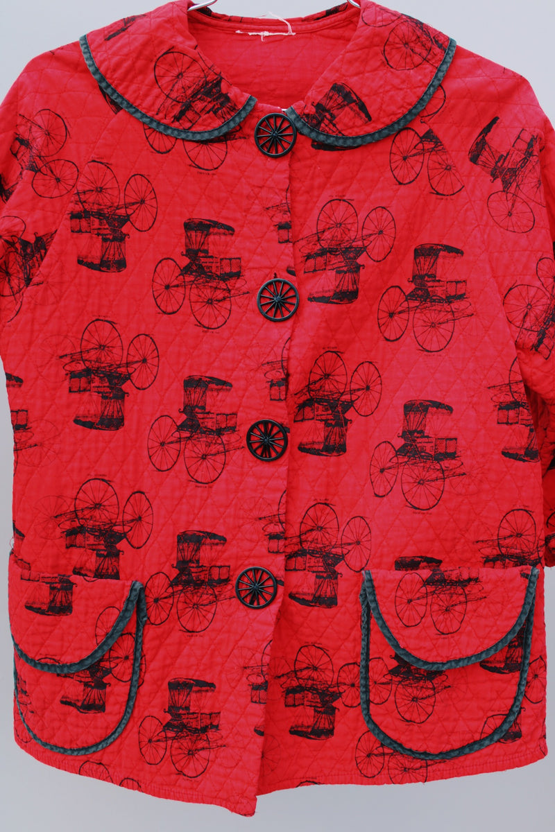 3/4 arm length red wagon print quilted cotton jacket with wagon wheel buttons vintage women's 1960's