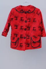 3/4 arm length red wagon print quilted cotton jacket with wagon wheel buttons vintage women's 1960's