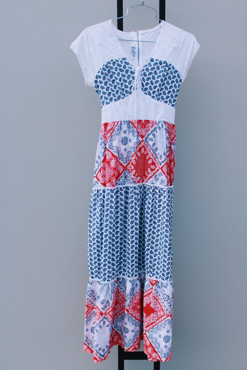 short sleeve maxi dress with patchwork print vintage 1970's