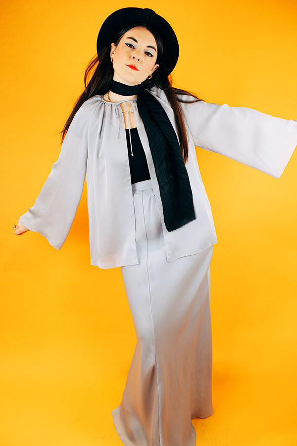 light lavender sheer caplet and maxi skirt set vintage 1970's