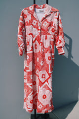 long sleeve printed maxi dress polyester duster in red and white vintage 1970's