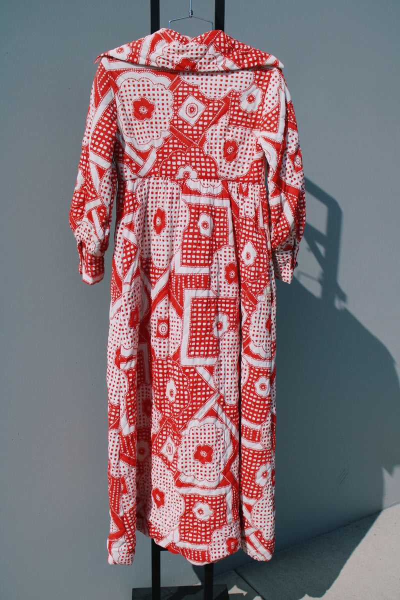 long sleeve printed maxi dress polyester duster in red and white vintage 1970's