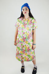 short sleeve floral printed shift dress in pink yellow and green vintage 1960's