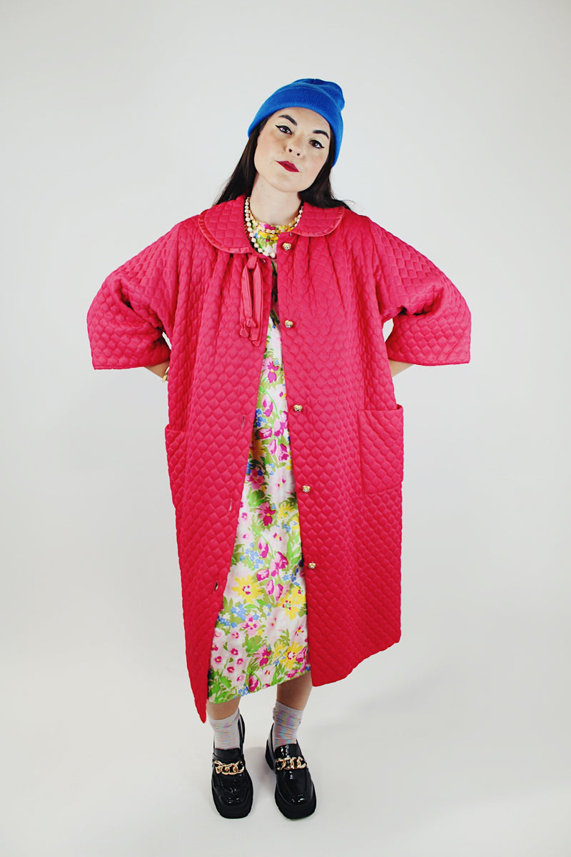 hot pink quilted robe duster vintage 1950's