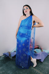 Women's 1980's Alyce Designs label one shoulder sleeveless ankle length bright blue maxi dress with a mesh overlay that has an all over glitter print