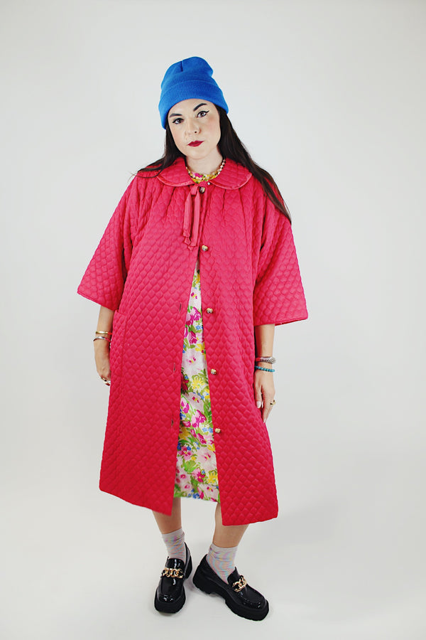 hot pink quilted robe duster vintage 1950's