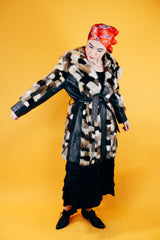 long sleeve patchwork mink fur coat with leather trim and leather tie belt vintage 1970's