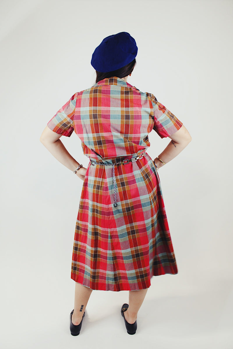 plaid printed short sleeve midi dress with collar and buttons up the front vintage 1950's