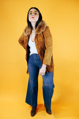 long sleeve brown suede coat with faux fur trim and tie belt women's vintage 1970's