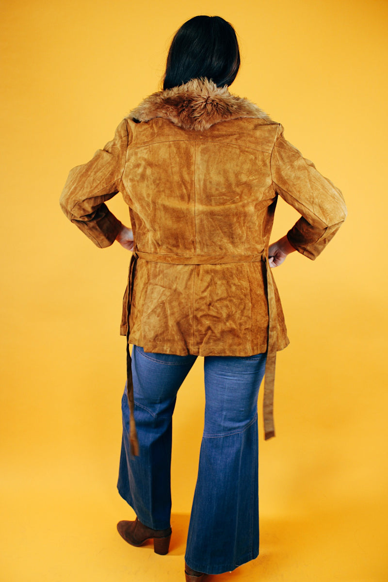  vlong sleeve brown suede coat with faux fur trim and tie belt women's vintage 1970's