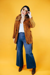 long sleeve brown suede coat with faux fur trim and tie belt women's vintage 1970's