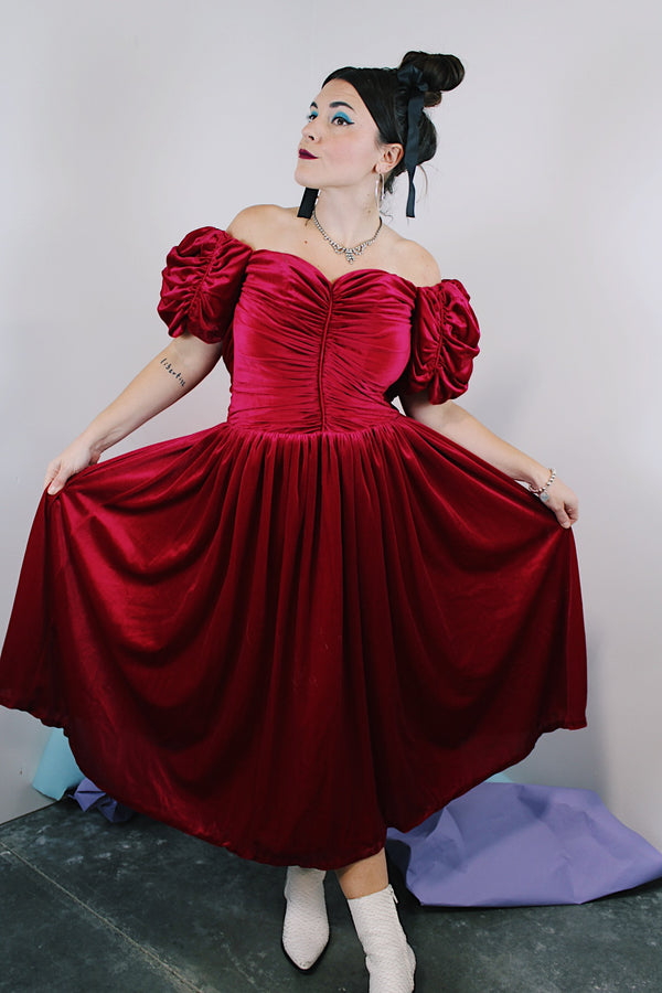 Women's vintage 1980's Alyce Designs label dark magenta velvet ankle length short sleeve puff sleeve dress.