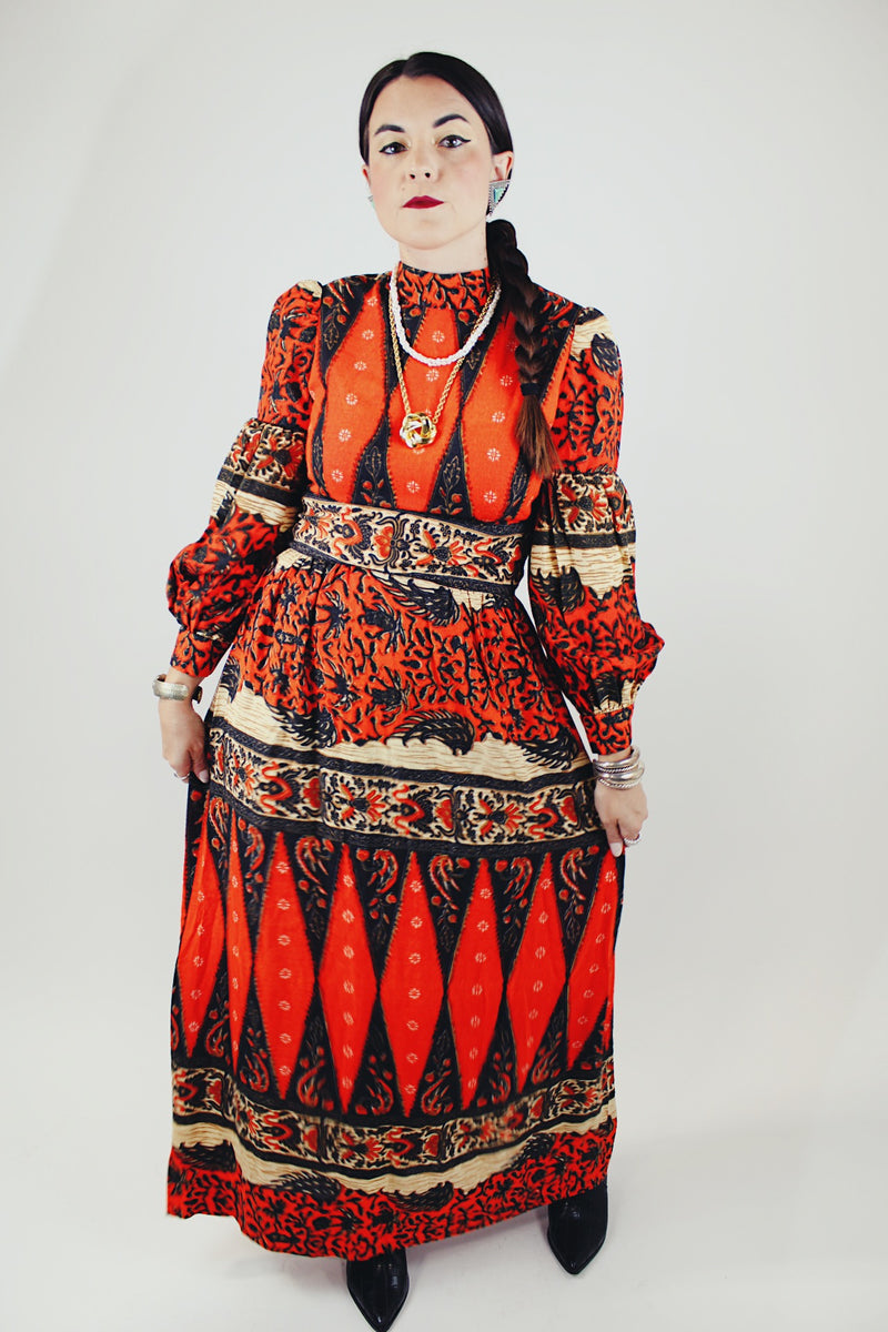 maxi length long puff sleeve dress with mock neck red with all over print vintage 