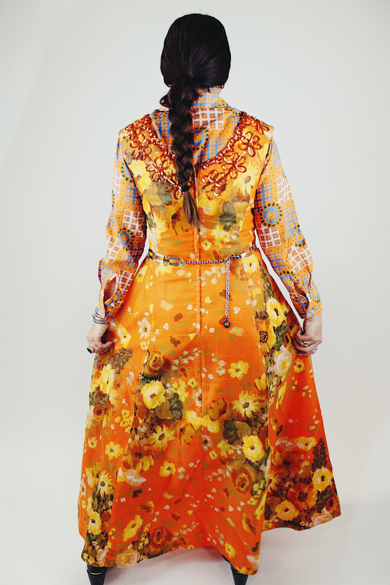 sleeveless orange floral print maxi evening dress with sequin trim vintage 1960's