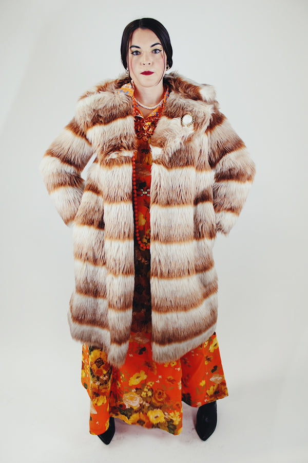 long sleeve long length burnt orange and cream faux fur striped coat vintage 1970's