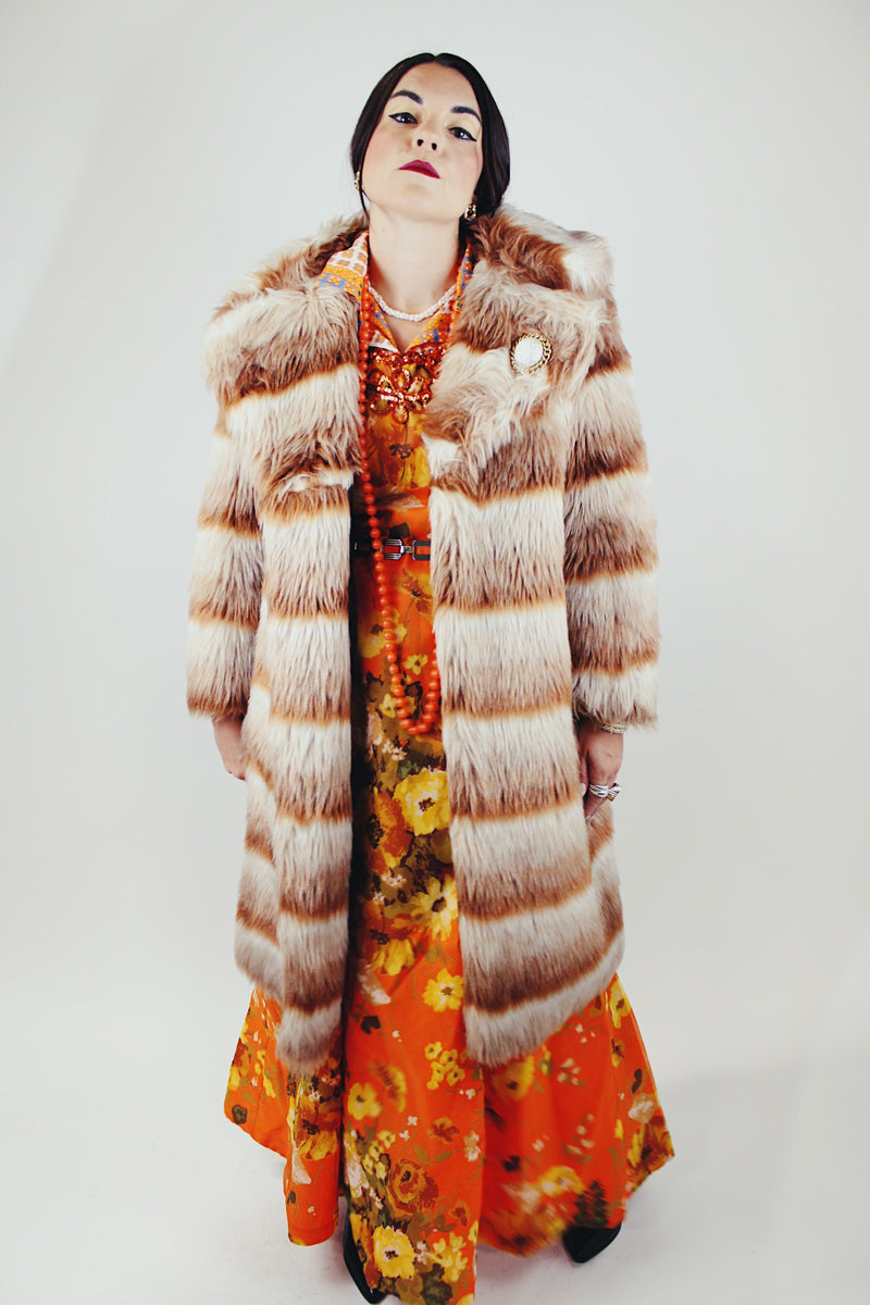 long sleeve long length burnt orange and cream faux fur striped coat vintage 1970's